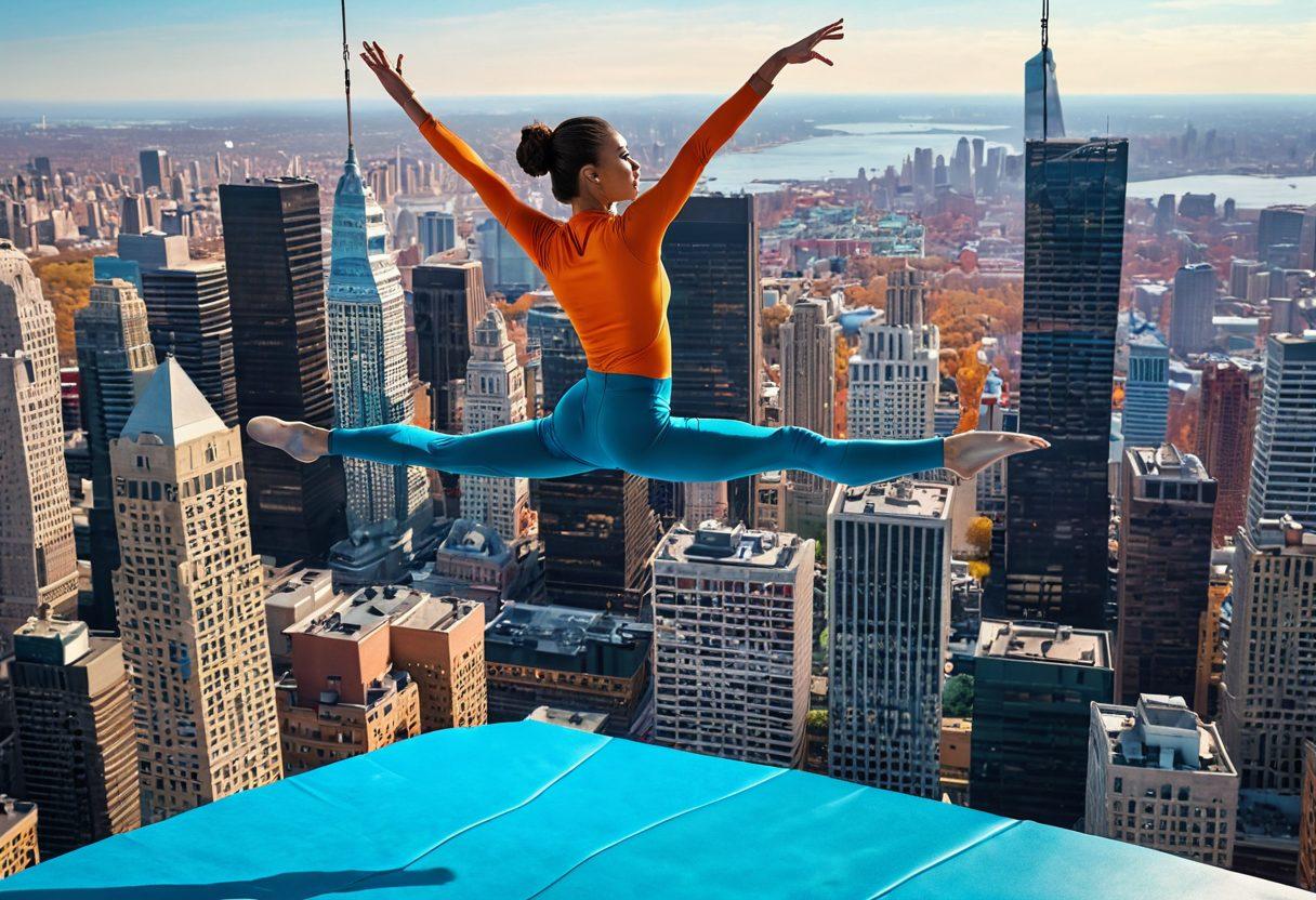A dynamic scene showcasing an aspiring performer mid-air, demonstrating an elegant acrobatic move over a vibrant cityscape backdrop. Include training elements like mats and a coach giving tips in the foreground. The performer should express determination and grace, with a fluid motion that captures the essence of acrobatics. Bright and energetic colors to evoke a sense of excitement and energy. super-realistic. vibrant colors. action-packed.