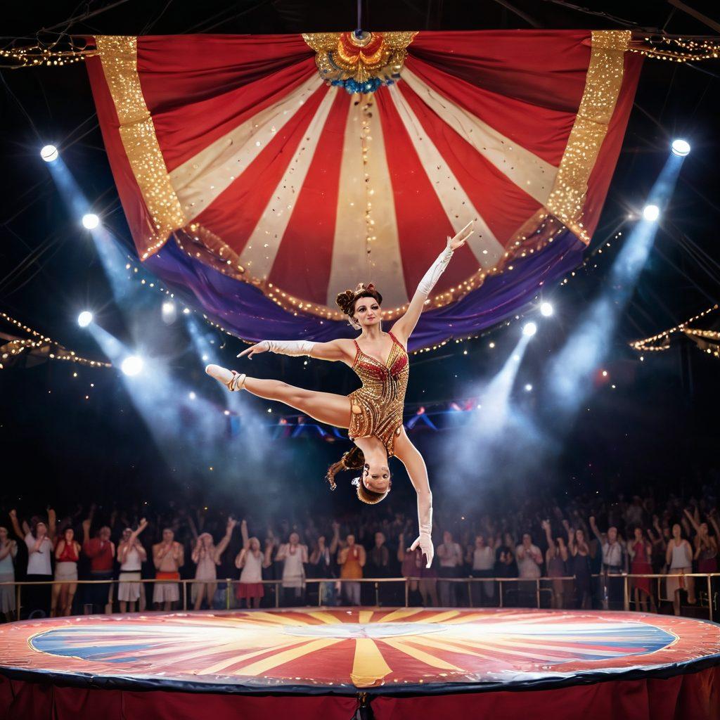 A dynamic scene of a skilled acrobat performing a breathtaking flip in mid-air, with vibrant circus elements like colorful flags, ribbons, and a cheering audience in the background. The setting showcases a grand circus tent under bright lights, emphasizing the energy and excitement of acrobatics and gymnastics. The acrobat's costume is adorned with sparkling sequins, capturing the thrill of performance. super-realistic. vibrant colors. circus atmosphere.