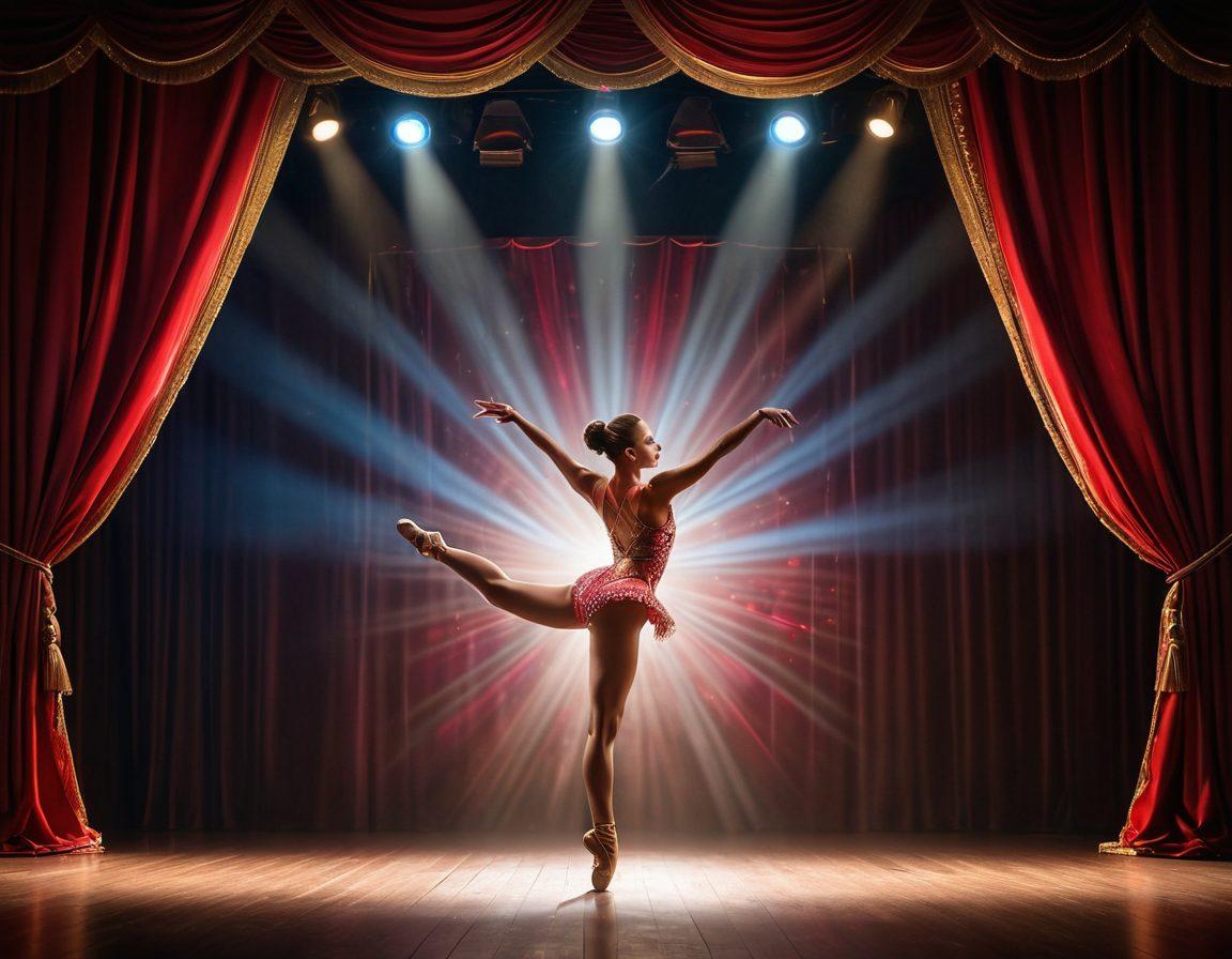 A dynamic scene showcasing a graceful gymnast performing an intricate move on stage, illuminated by vibrant stage lights. The background features elegant curtains and an audience in awe, enhancing the atmosphere of a grand performance. Include elements of a circus, such as colorful balloons and acrobats, subtly blended into the scene to represent the transition. The gymnast should exhibit perfect form and concentration, embodying the theme of precision in performance. super-realistic. vibrant colors. dramatic lighting.